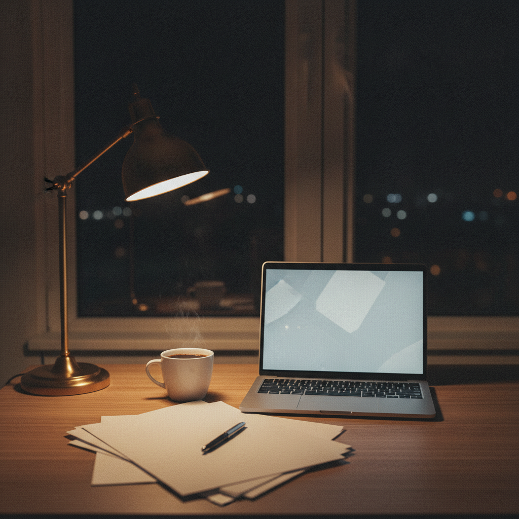 深夜書桌,一盞檯燈、發著微光的筆電和一杯咖啡