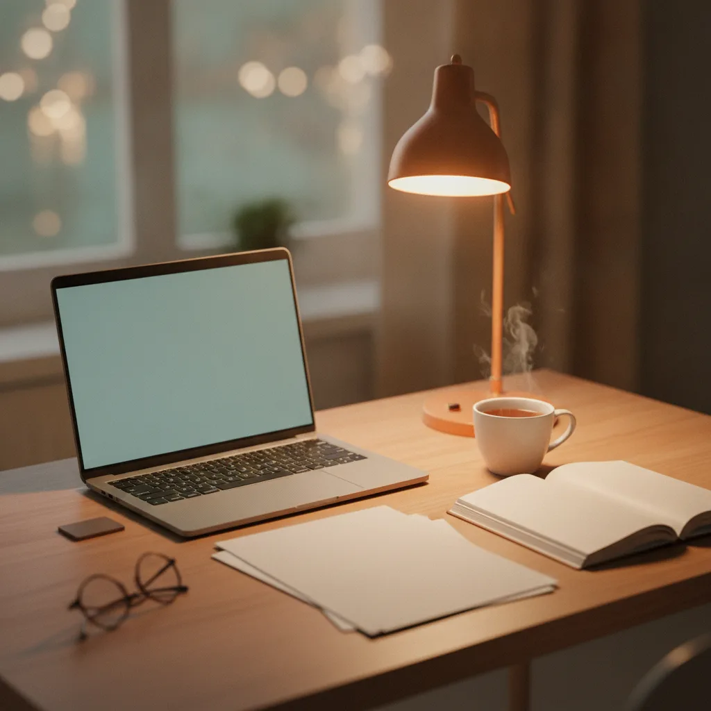 夜裡的書桌,筆電、檯燈和一杯茶